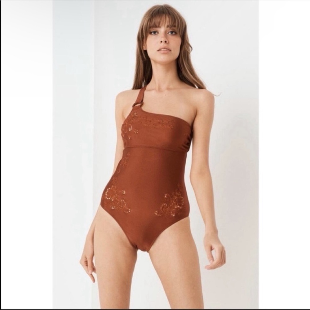SPELL & THE GUPSY EMBROIDERED CUTOUTS ONE SHOULDER SWIMSUIT COPPER SIZE XS NWT - Picture 6 of 11